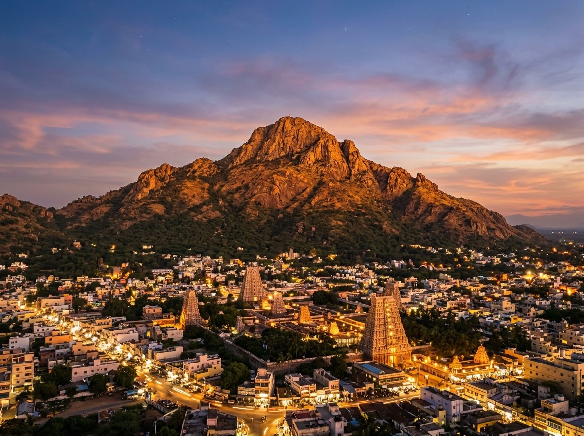 Sacred Arunachala hill above Tiruvannamalai at dusk