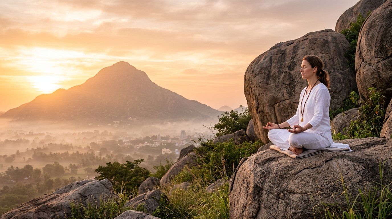 A seeker meditating on a rock facing Arunachala at sunrise