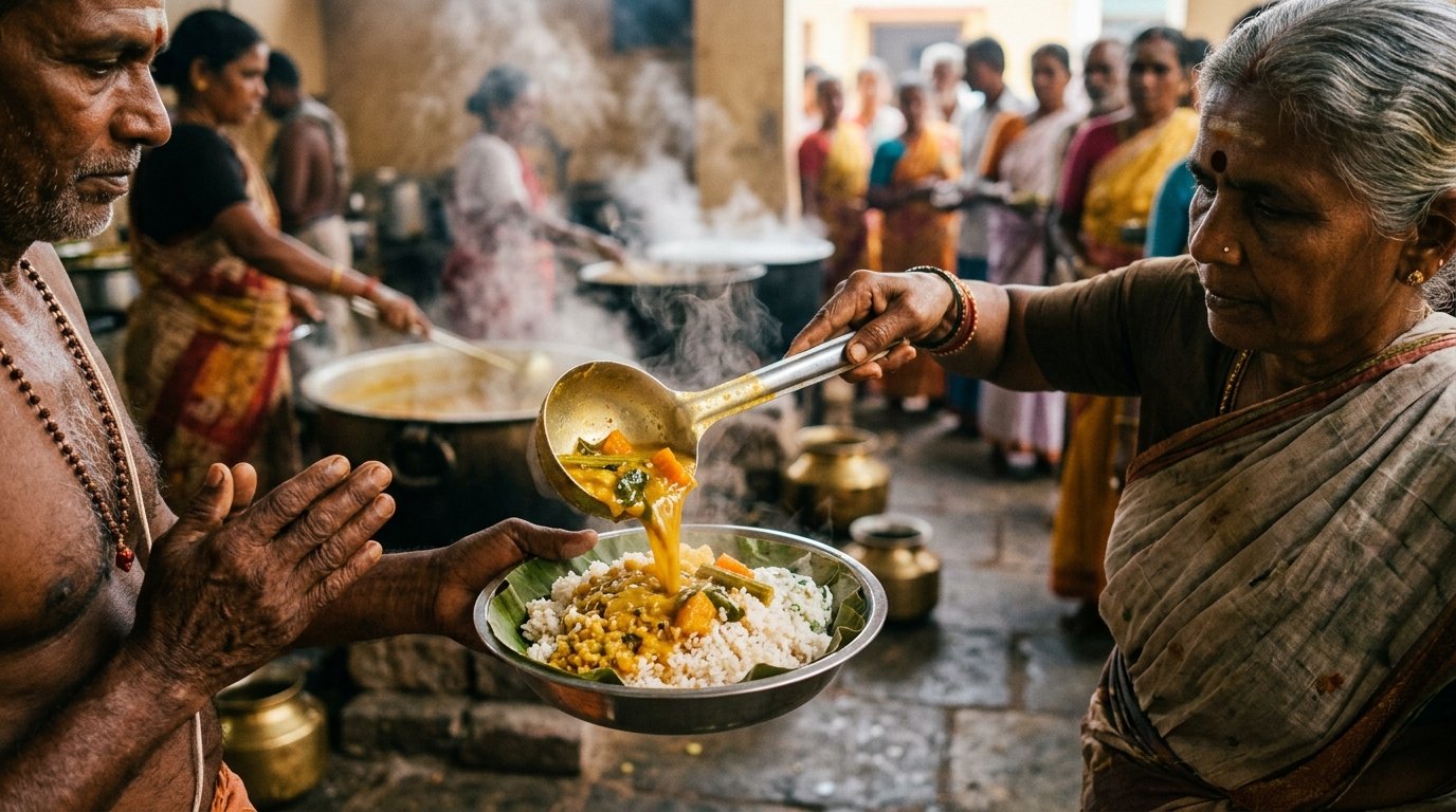 Serving traditional satvik Annadanam meals on banana leaves to sadhus