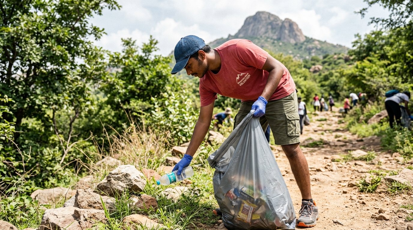 Volunteers clearing plastic and waste along Arunachala girivalam path