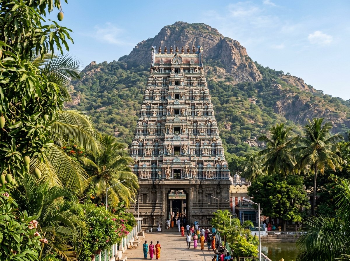 Arunachaleswarar Temple gopuram with Arunachala behind